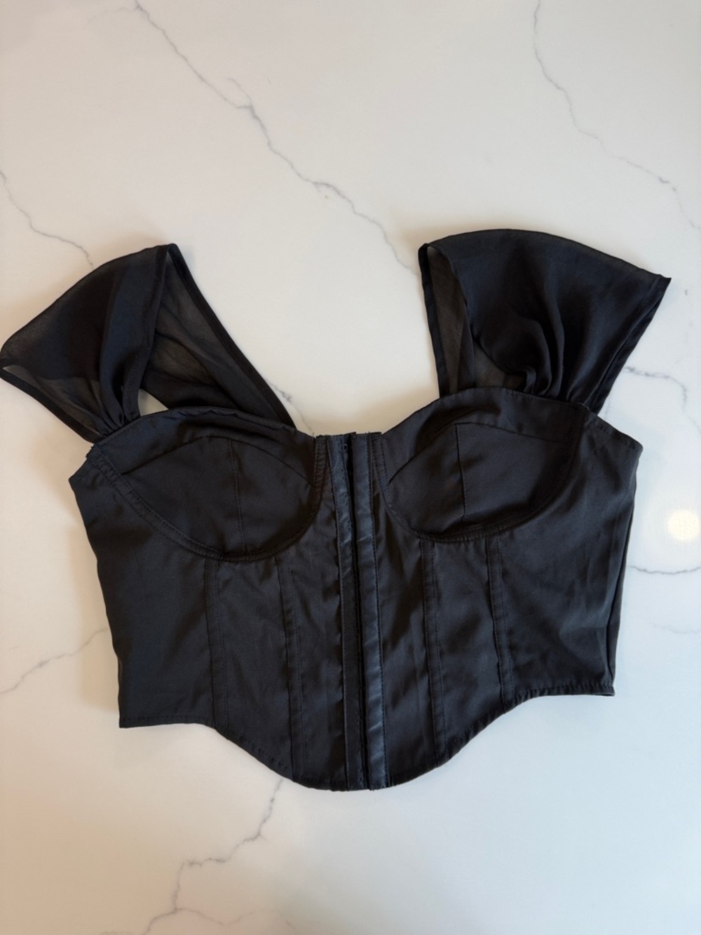 NWT - SHEIN SXY Black Bustier Crop Top with Sheer Sleeve Panels